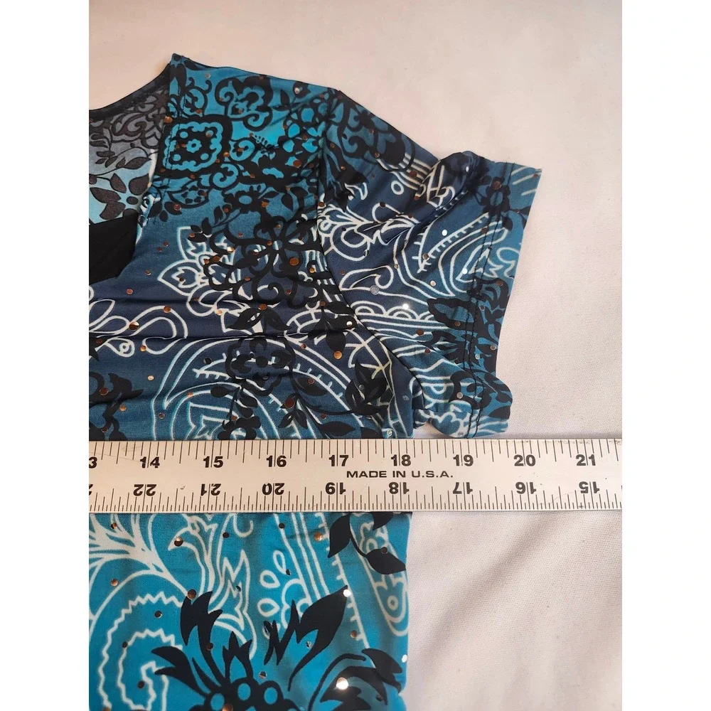 Brittany Black Blue Paisley Floral Sequin Top Womens Medium Short Sleeve Blouse - Picture 6 of 7
